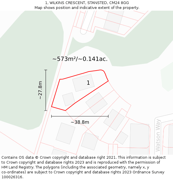 1, WILKINS CRESCENT, STANSTED, CM24 8GG: Plot and title map