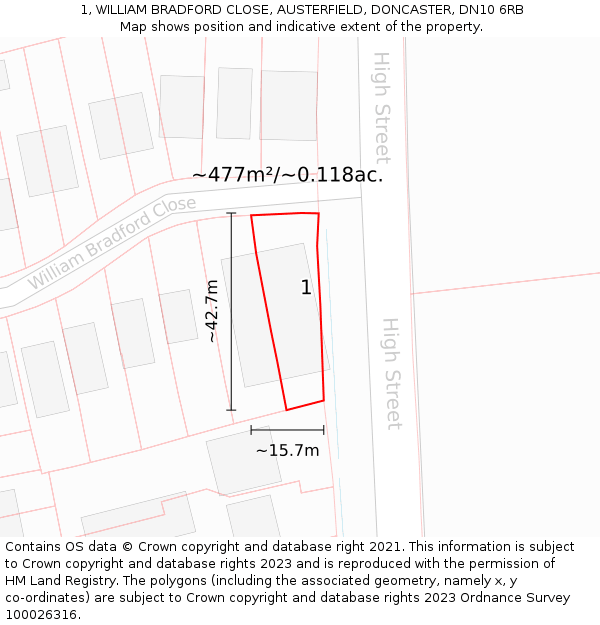 1, WILLIAM BRADFORD CLOSE, AUSTERFIELD, DONCASTER, DN10 6RB: Plot and title map