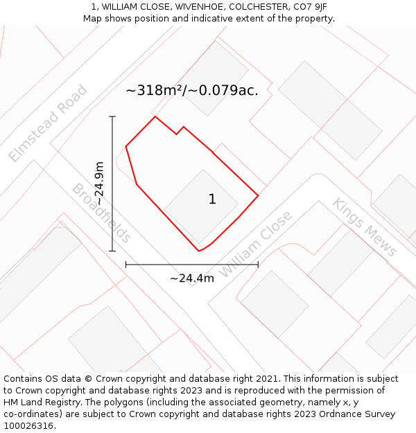 1, WILLIAM CLOSE, WIVENHOE, COLCHESTER, CO7 9JF: Plot and title map