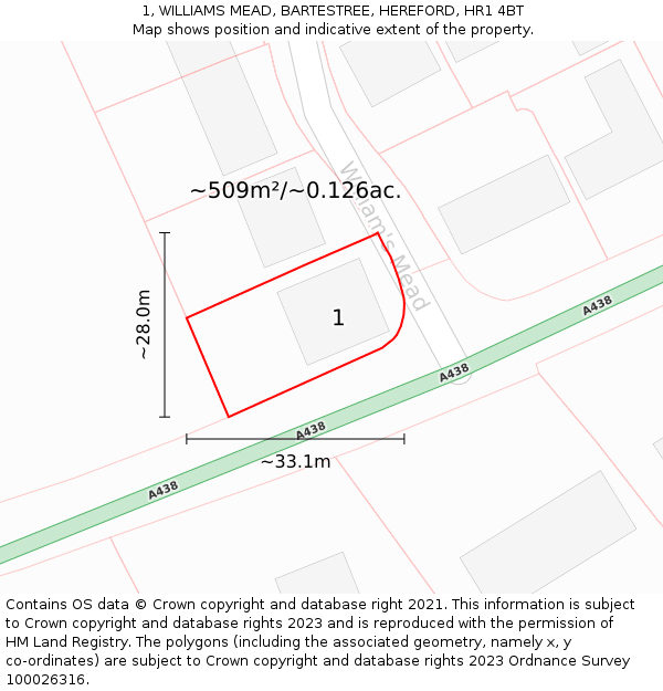 1, WILLIAMS MEAD, BARTESTREE, HEREFORD, HR1 4BT: Plot and title map