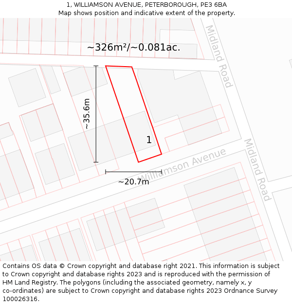 1, WILLIAMSON AVENUE, PETERBOROUGH, PE3 6BA: Plot and title map