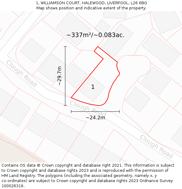 1, WILLIAMSON COURT, HALEWOOD, LIVERPOOL, L26 6BG: Plot and title map