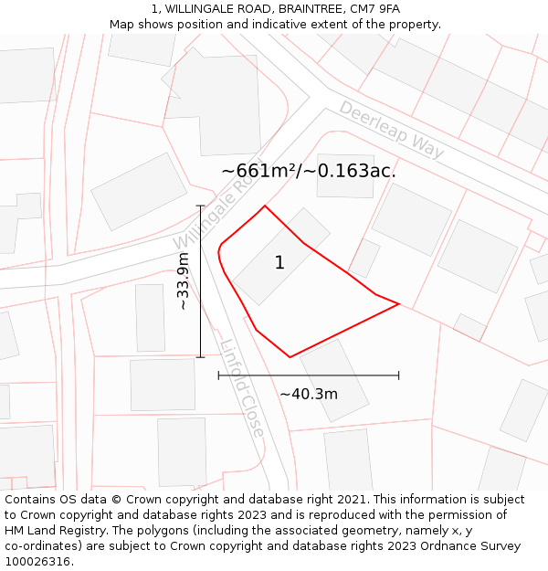 1, WILLINGALE ROAD, BRAINTREE, CM7 9FA: Plot and title map