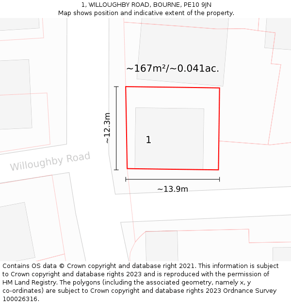 1, WILLOUGHBY ROAD, BOURNE, PE10 9JN: Plot and title map