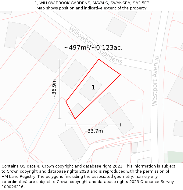 1, WILLOW BROOK GARDENS, MAYALS, SWANSEA, SA3 5EB: Plot and title map