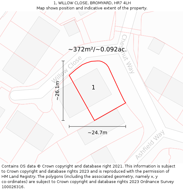 1, WILLOW CLOSE, BROMYARD, HR7 4LH: Plot and title map