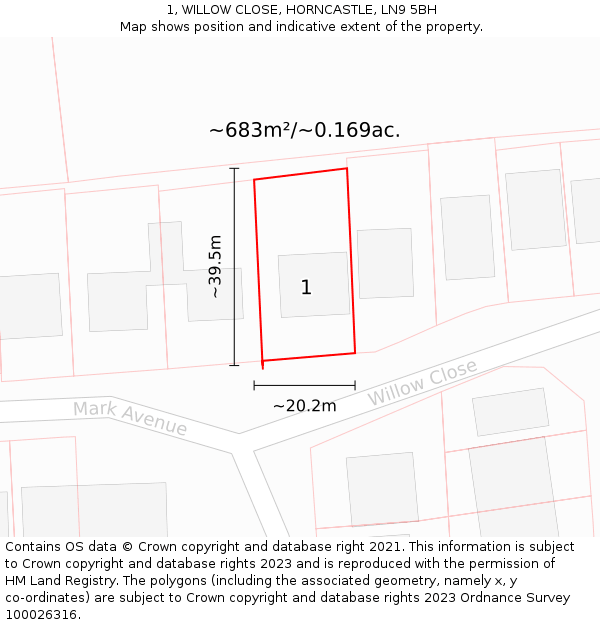 1, WILLOW CLOSE, HORNCASTLE, LN9 5BH: Plot and title map