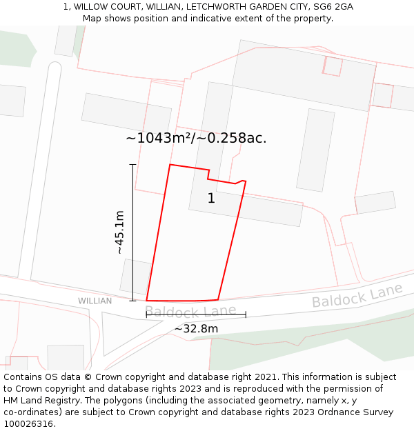 1, WILLOW COURT, WILLIAN, LETCHWORTH GARDEN CITY, SG6 2GA: Plot and title map