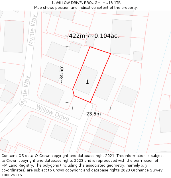1, WILLOW DRIVE, BROUGH, HU15 1TR: Plot and title map