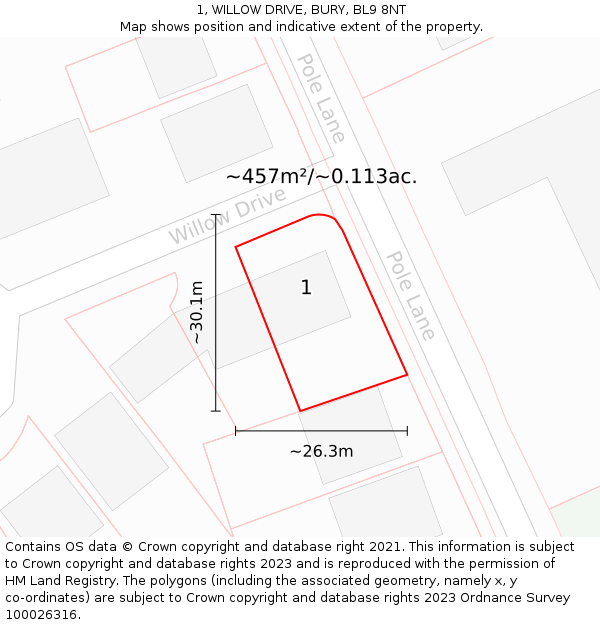 1, WILLOW DRIVE, BURY, BL9 8NT: Plot and title map