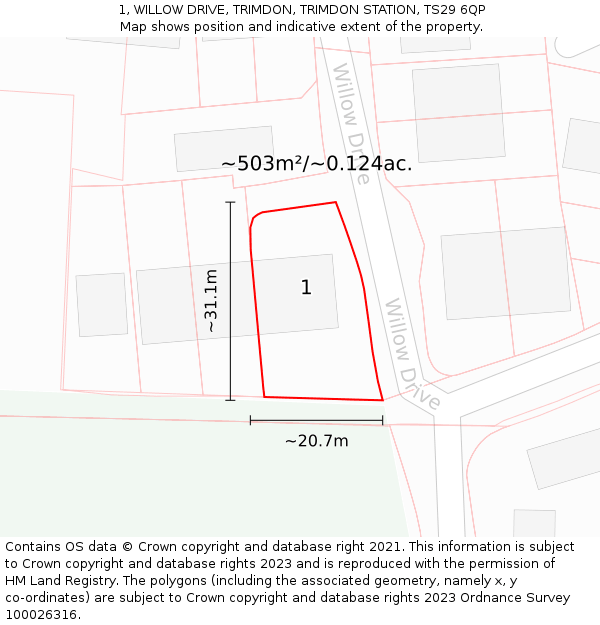 1, WILLOW DRIVE, TRIMDON, TRIMDON STATION, TS29 6QP: Plot and title map