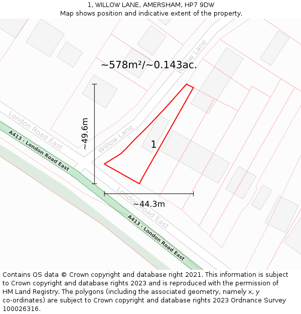 1, WILLOW LANE, AMERSHAM, HP7 9DW: Plot and title map