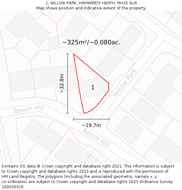 1, WILLOW PARK, HAYWARDS HEATH, RH16 3UA: Plot and title map