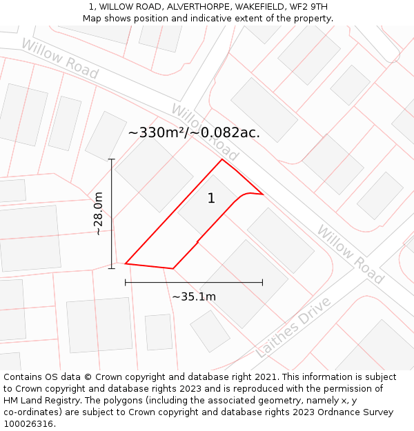 1, WILLOW ROAD, ALVERTHORPE, WAKEFIELD, WF2 9TH: Plot and title map