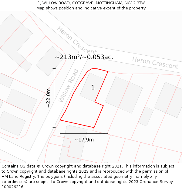 1, WILLOW ROAD, COTGRAVE, NOTTINGHAM, NG12 3TW: Plot and title map