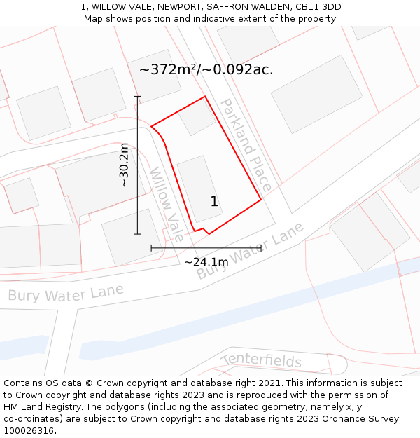 1, WILLOW VALE, NEWPORT, SAFFRON WALDEN, CB11 3DD: Plot and title map