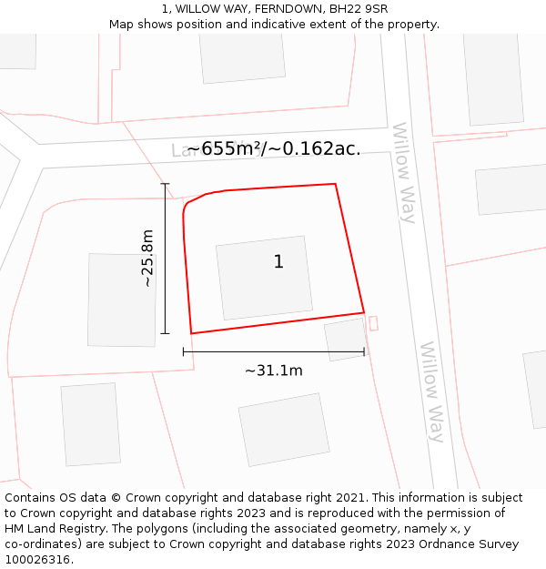 1, WILLOW WAY, FERNDOWN, BH22 9SR: Plot and title map