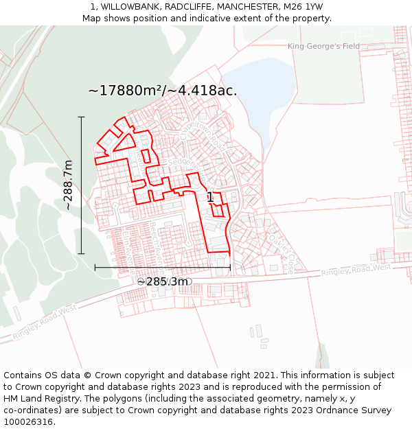 1, WILLOWBANK, RADCLIFFE, MANCHESTER, M26 1YW: Plot and title map