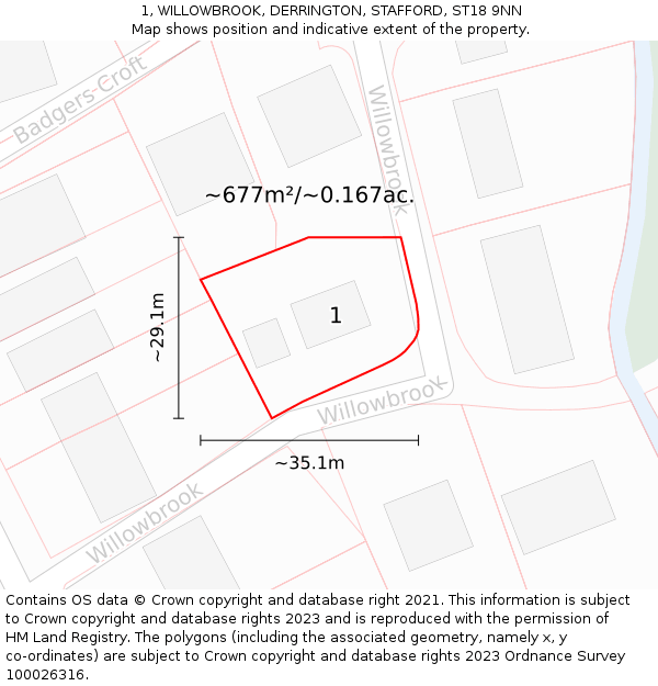 1, WILLOWBROOK, DERRINGTON, STAFFORD, ST18 9NN: Plot and title map