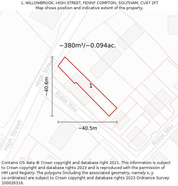 1, WILLOWBROOK, HIGH STREET, FENNY COMPTON, SOUTHAM, CV47 2FT: Plot and title map