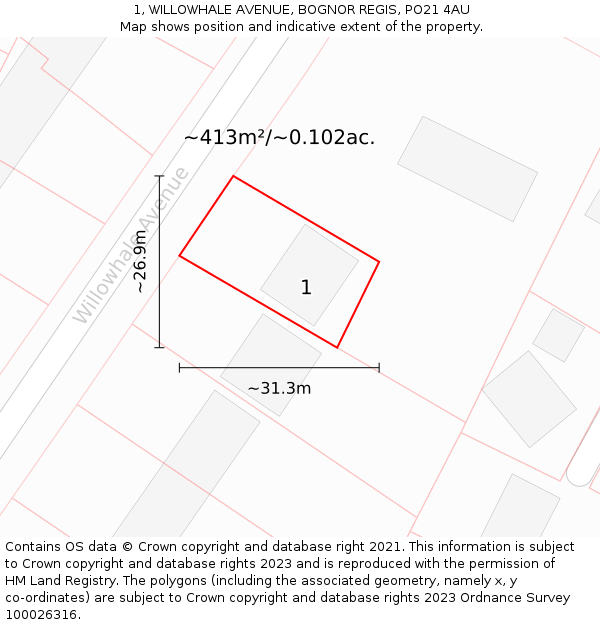 1, WILLOWHALE AVENUE, BOGNOR REGIS, PO21 4AU: Plot and title map