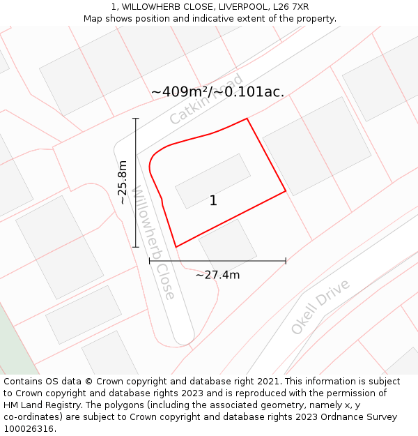 1, WILLOWHERB CLOSE, LIVERPOOL, L26 7XR: Plot and title map