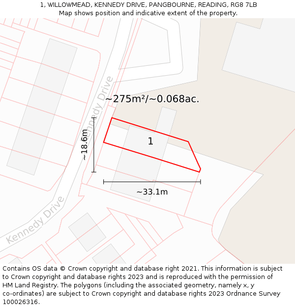 1, WILLOWMEAD, KENNEDY DRIVE, PANGBOURNE, READING, RG8 7LB: Plot and title map