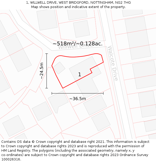 1, WILLWELL DRIVE, WEST BRIDGFORD, NOTTINGHAM, NG2 7HG: Plot and title map