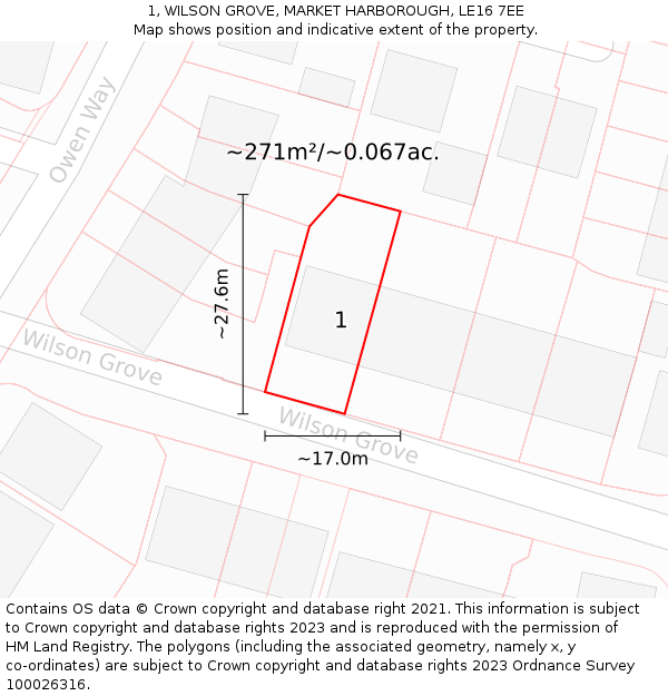 1, WILSON GROVE, MARKET HARBOROUGH, LE16 7EE: Plot and title map
