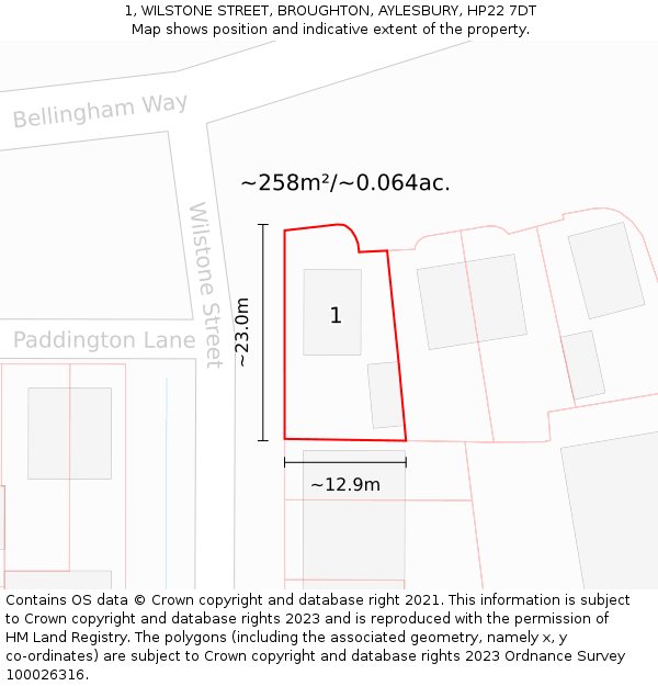 1, WILSTONE STREET, BROUGHTON, AYLESBURY, HP22 7DT: Plot and title map