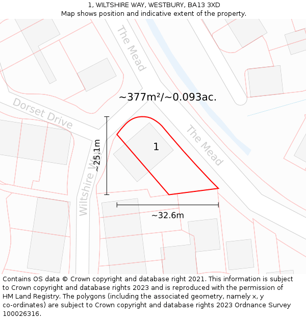 1, WILTSHIRE WAY, WESTBURY, BA13 3XD: Plot and title map