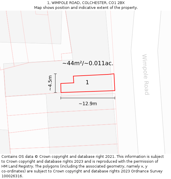 1, WIMPOLE ROAD, COLCHESTER, CO1 2BX: Plot and title map