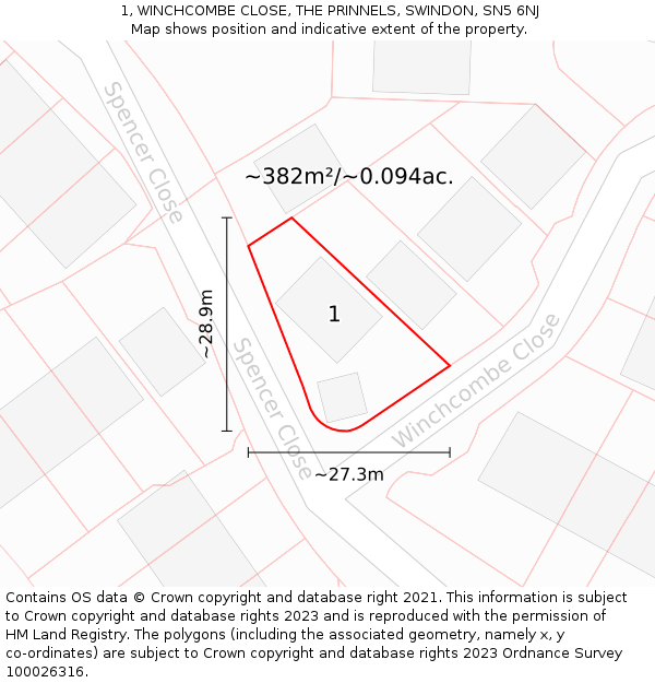 1, WINCHCOMBE CLOSE, THE PRINNELS, SWINDON, SN5 6NJ: Plot and title map