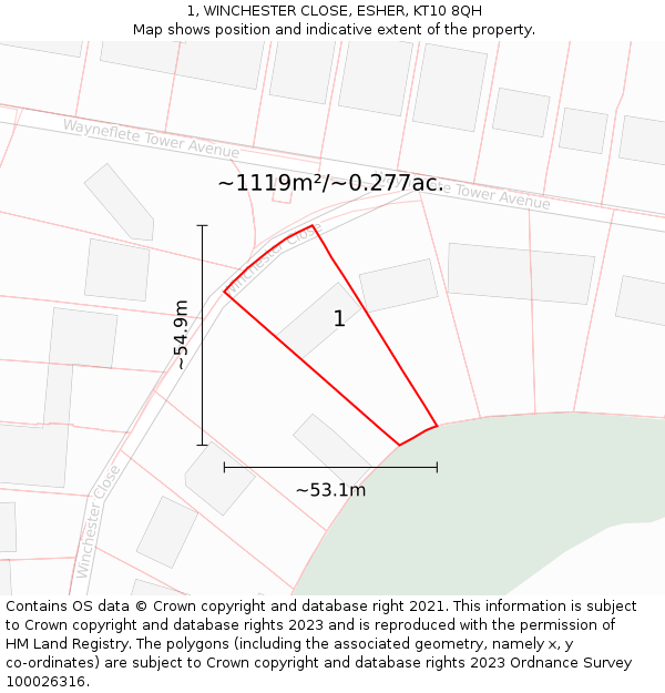 1, WINCHESTER CLOSE, ESHER, KT10 8QH: Plot and title map