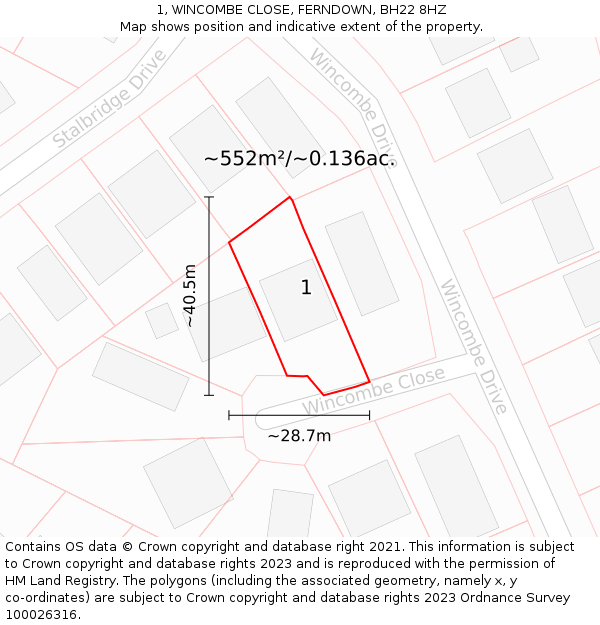 1, WINCOMBE CLOSE, FERNDOWN, BH22 8HZ: Plot and title map