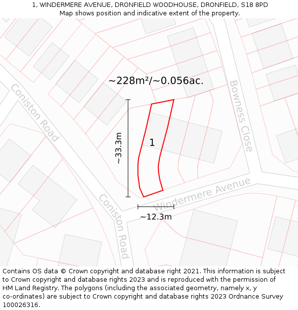 1, WINDERMERE AVENUE, DRONFIELD WOODHOUSE, DRONFIELD, S18 8PD: Plot and title map