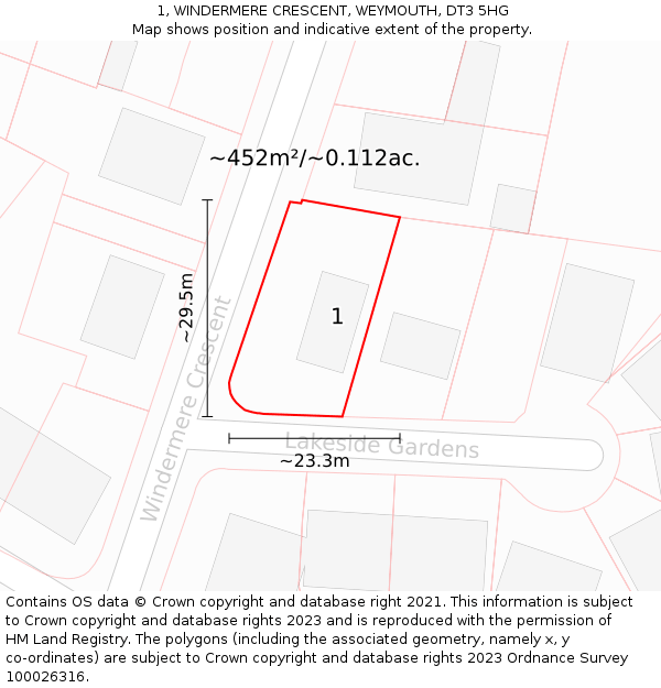 1, WINDERMERE CRESCENT, WEYMOUTH, DT3 5HG: Plot and title map