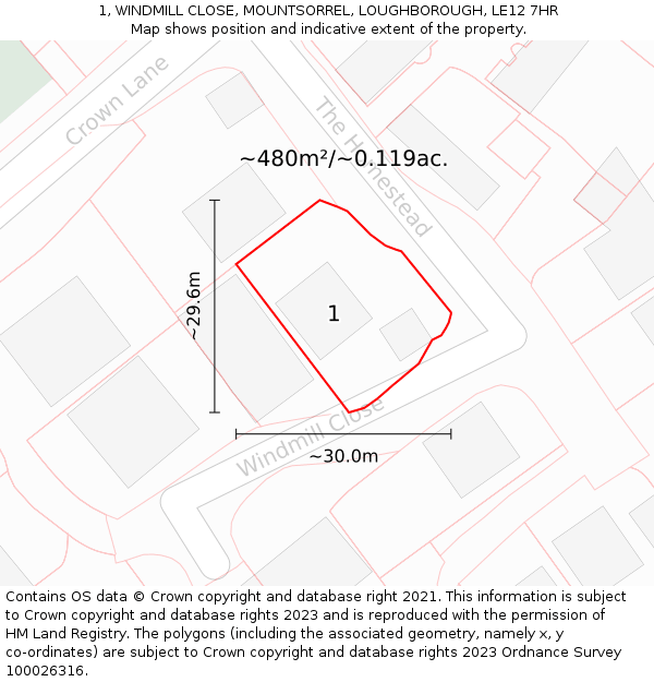 1, WINDMILL CLOSE, MOUNTSORREL, LOUGHBOROUGH, LE12 7HR: Plot and title map