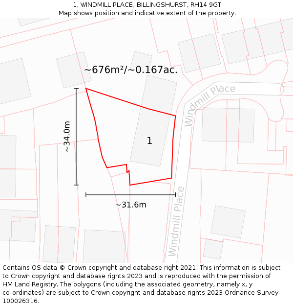 1, WINDMILL PLACE, BILLINGSHURST, RH14 9GT: Plot and title map