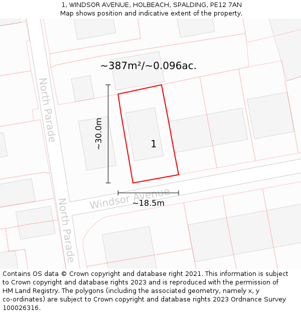 1, WINDSOR AVENUE, HOLBEACH, SPALDING, PE12 7AN: Plot and title map