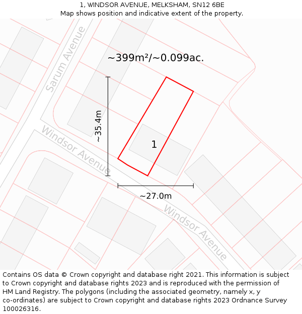 1, WINDSOR AVENUE, MELKSHAM, SN12 6BE: Plot and title map