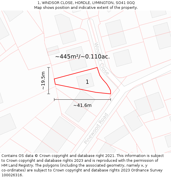 1, WINDSOR CLOSE, HORDLE, LYMINGTON, SO41 0GQ: Plot and title map