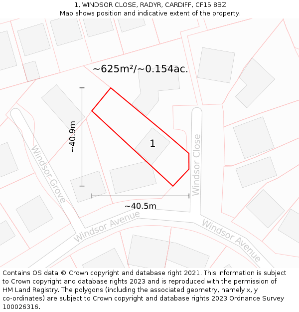 1, WINDSOR CLOSE, RADYR, CARDIFF, CF15 8BZ: Plot and title map