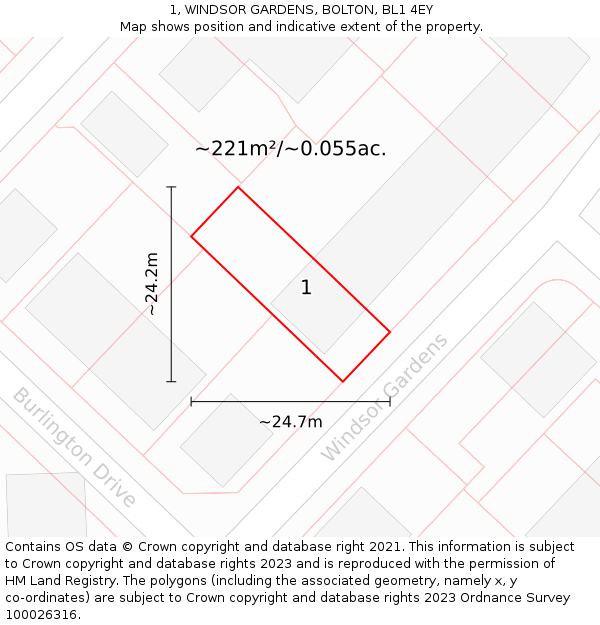 1, WINDSOR GARDENS, BOLTON, BL1 4EY: Plot and title map