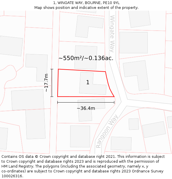 1, WINGATE WAY, BOURNE, PE10 9YL: Plot and title map