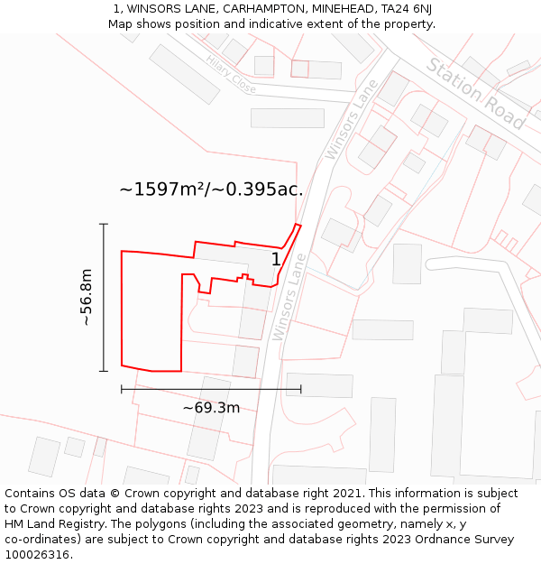 1, WINSORS LANE, CARHAMPTON, MINEHEAD, TA24 6NJ: Plot and title map