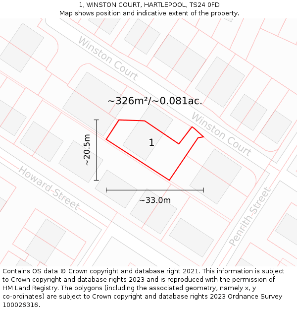 1, WINSTON COURT, HARTLEPOOL, TS24 0FD: Plot and title map