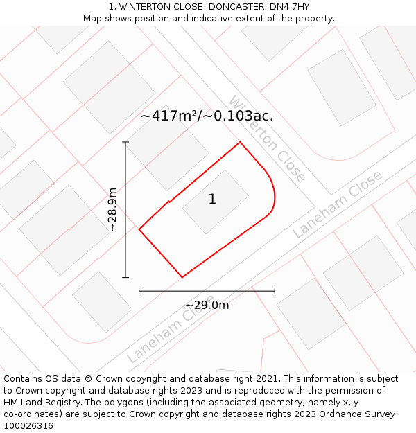 1, WINTERTON CLOSE, DONCASTER, DN4 7HY: Plot and title map