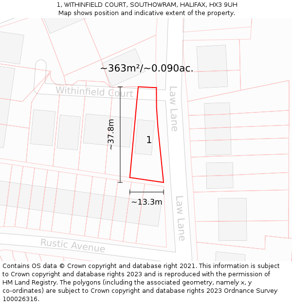 1, WITHINFIELD COURT, SOUTHOWRAM, HALIFAX, HX3 9UH: Plot and title map
