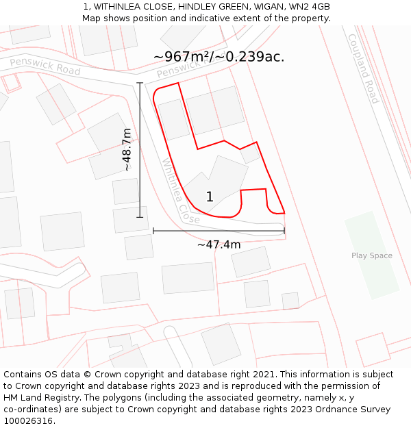 1, WITHINLEA CLOSE, HINDLEY GREEN, WIGAN, WN2 4GB: Plot and title map